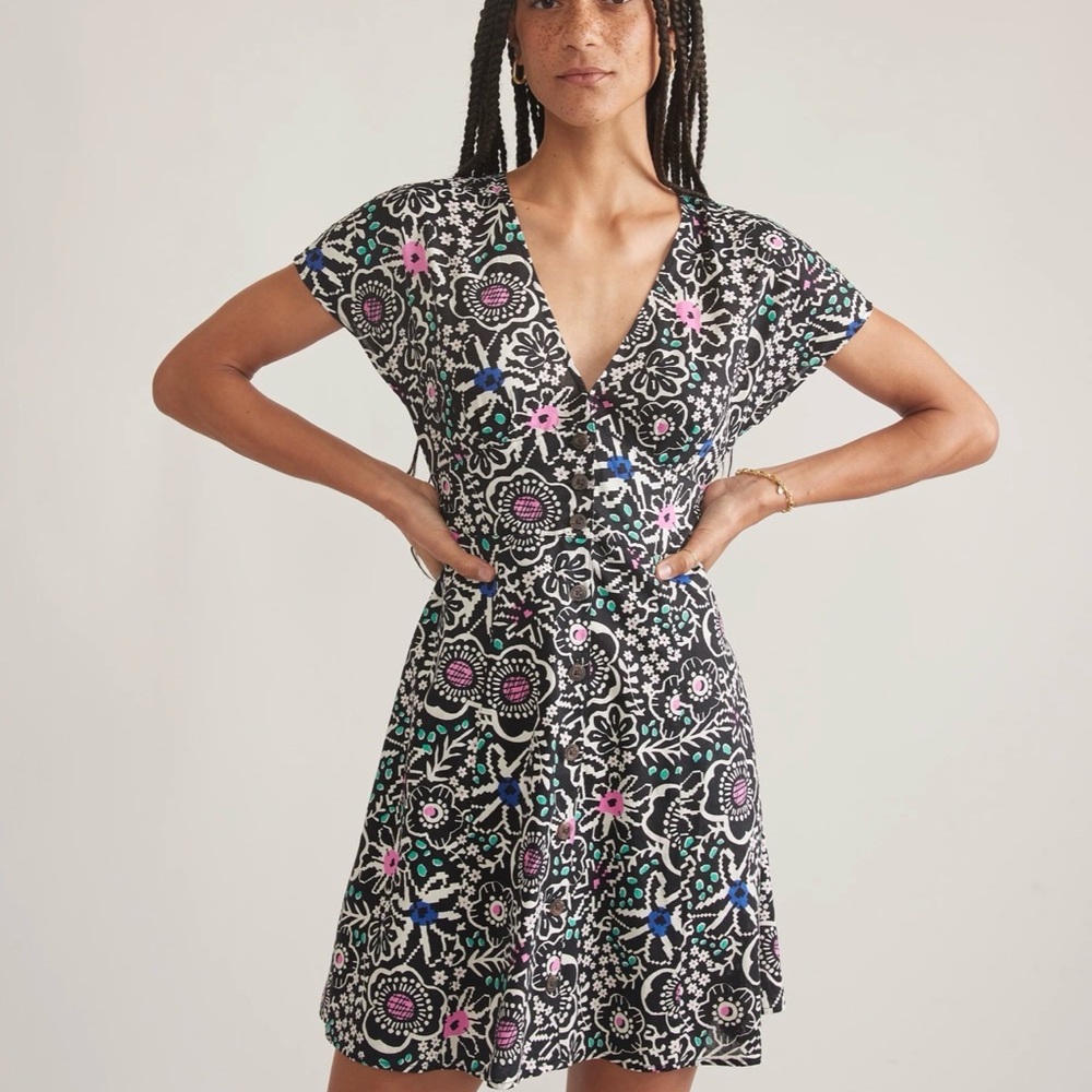 Marine Layer Camila Mini Dress Small black floral hemp casual pockets A-line